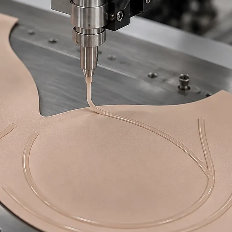 Silicone being dispensed onto a cut bra panel
